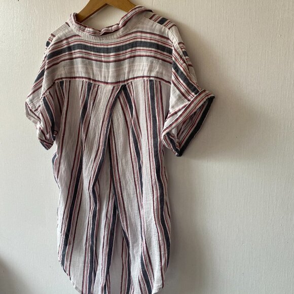 Cest 1946 Blouse Womens Large Striped Button Front Collared Hi Lo Hem Pleated - Picture 9 of 9